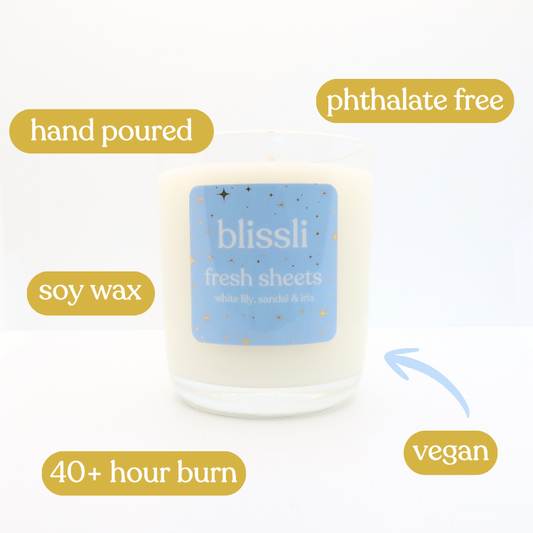 fresh sheets 220g handmade vegan soy candle by blissli