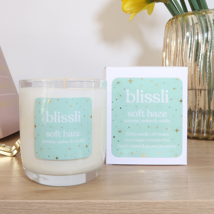 soft haze 220g soy candle by blissli – jasmine, amber and vanilla