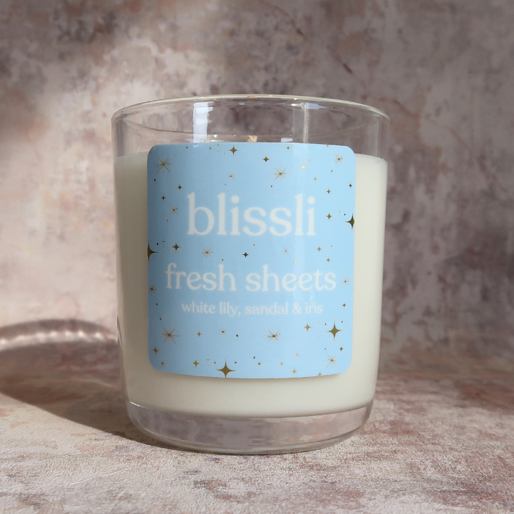fresh sheets 220g soy candle by blissli – white lily, sandal and iris