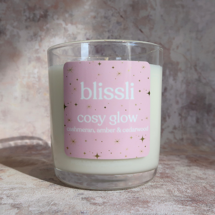 cosy glow 220g soy candle by blissli – cashmeran, amber and cedarwood