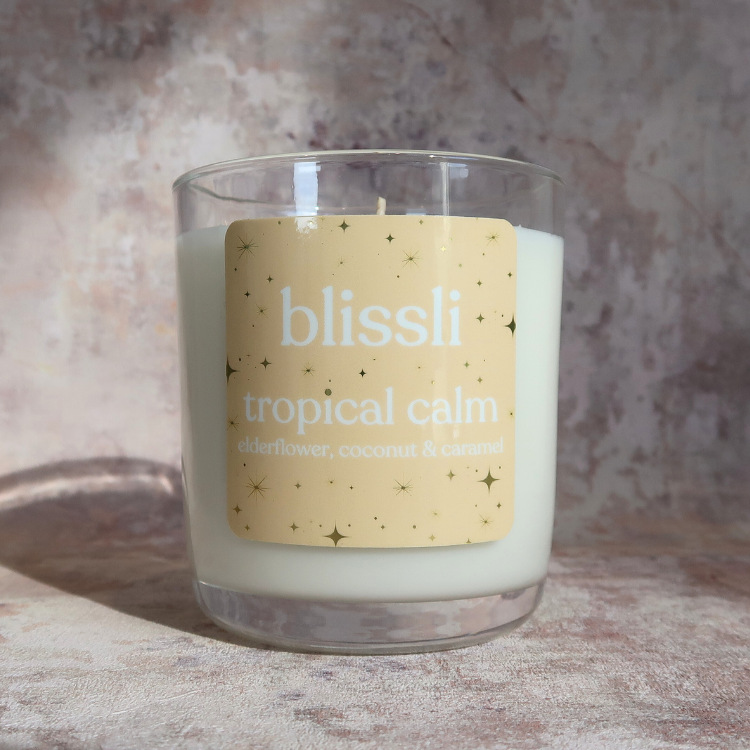 tropical calm 220g soy candle by blissli – elderflower, coconut and caramel