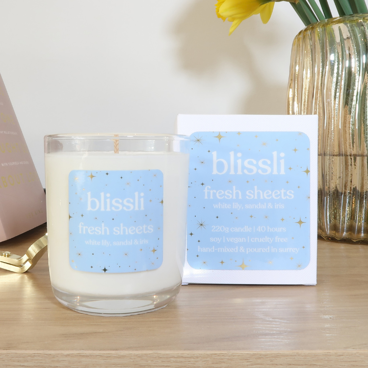 fresh sheets 220g soy candle by blissli – white lily, sandal and iris