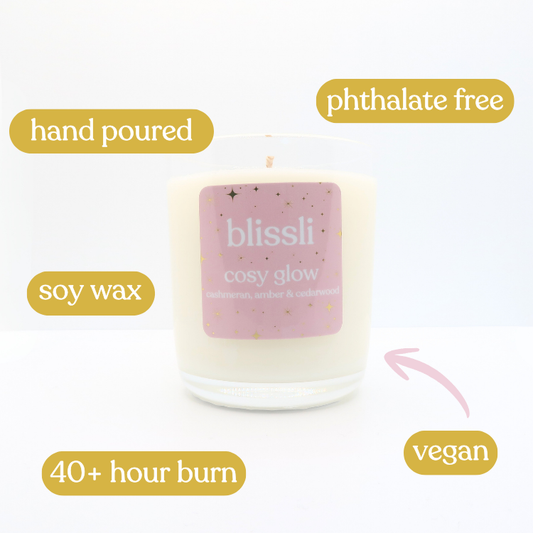 cosy glow 220g soy candle by blissli – cashmeran, amber and cedarwood