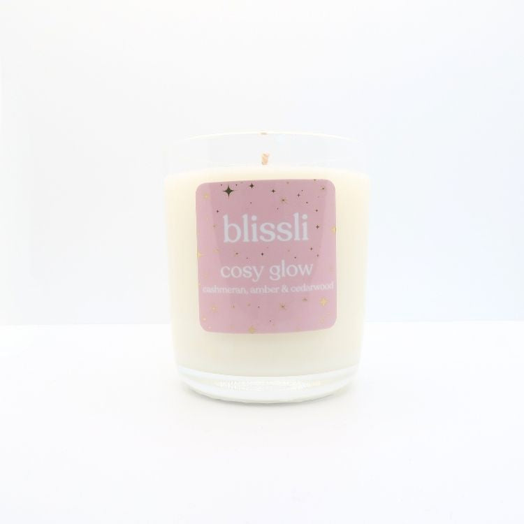 cosy glow 220g natural soy wax candle in clear glass jar by blissli