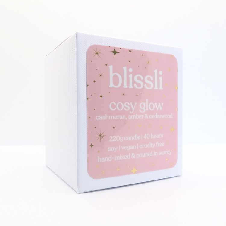 cosy glow soy candle gift box – side showing scent notes and candle care