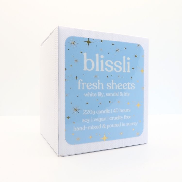 fresh sheets soy candle gift box – side showing scent notes and candle care