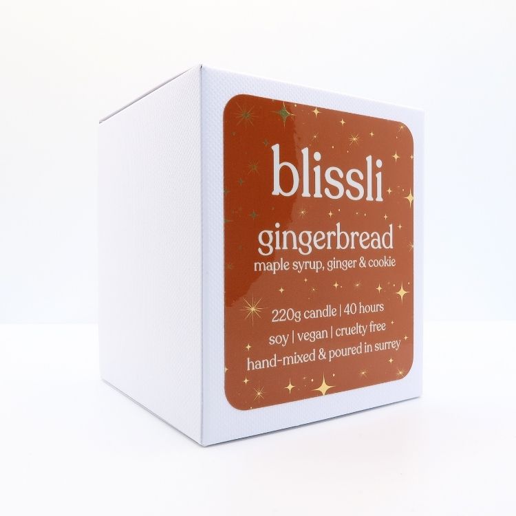 gingerbread soy candle gift box – side showing scent notes and candle care