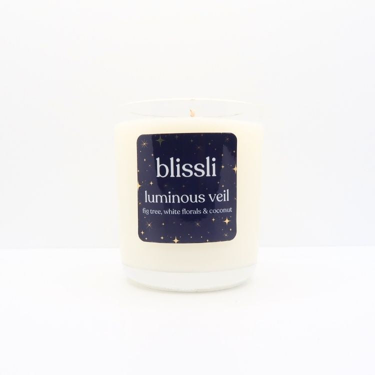luminous veil 220g natural soy wax candle in clear glass jar by blissli