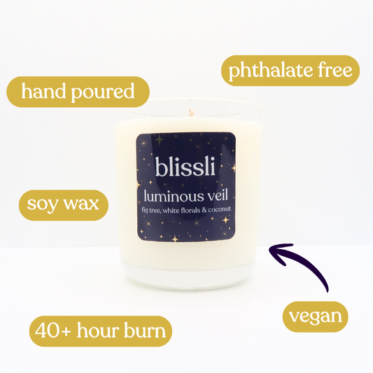 blissli luminous veil soy candle — fig tree, white florals and coconut fragrance, 40hr burn time