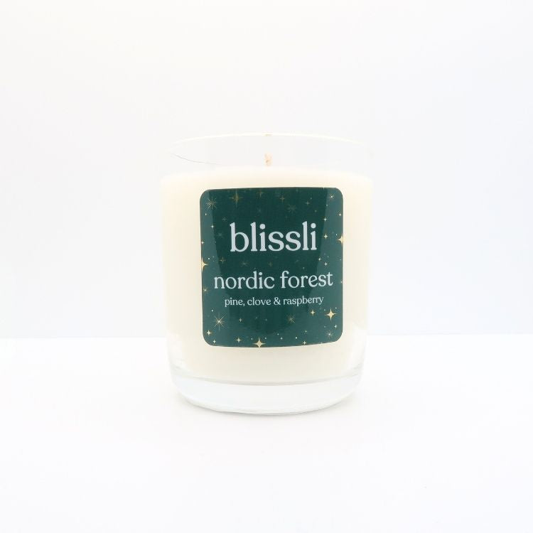 nordic forest 220g natural soy wax candle in clear glass jar by blissli