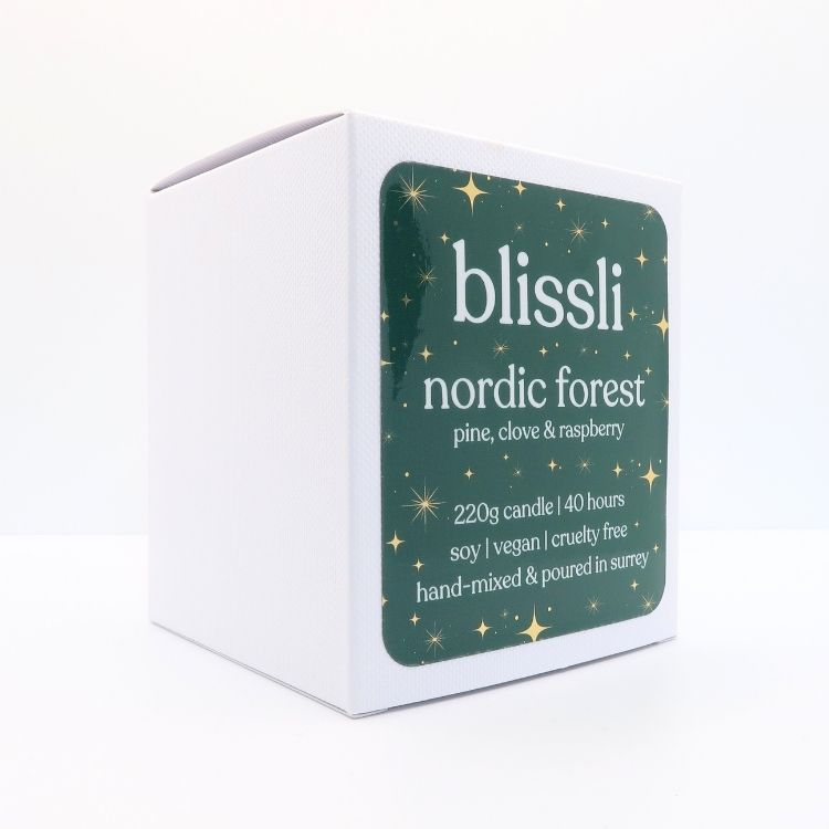 nordic forest soy candle gift box – side showing scent notes and candle care