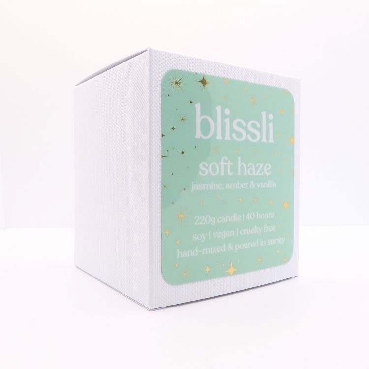 soft haze soy candle gift box – side showing scent notes and candle care