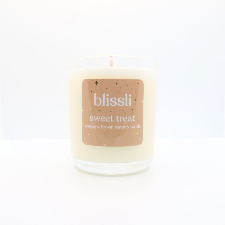sweet treat 220g natural soy wax candle in clear glass jar by blissli