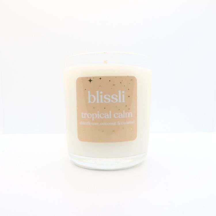 tropical calm 220g natural soy wax candle in clear glass jar by blissli