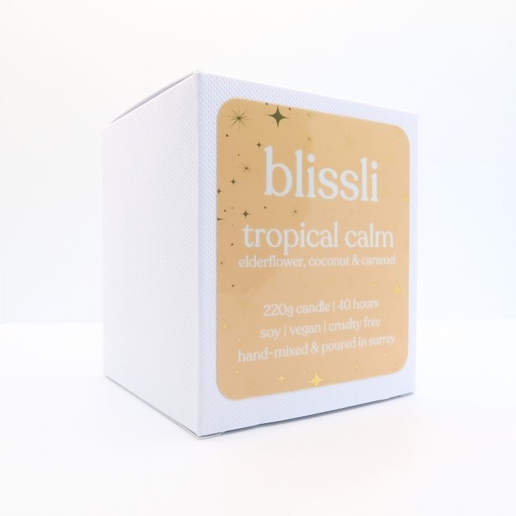 tropical calm soy candle gift box – side showing scent notes and candle care