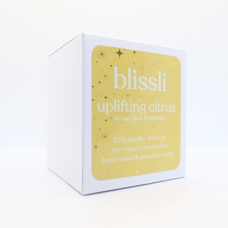 uplifting citrus soy candle gift box – side showing scent notes and candle care