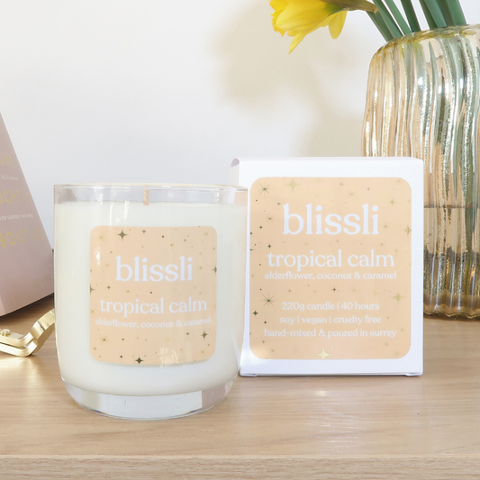 tropical calm – elderflower, coconut & caramel 220g soy candle - PRE ORDER ships ends of march