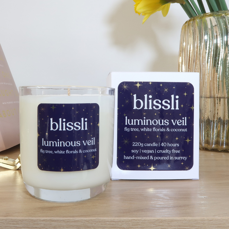 luminous veil 220g soy candle by blissli – fig tree, white florals and coconut